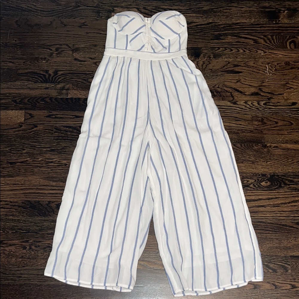American Eagle Outfitters White and Blue Striped Jumpsuit